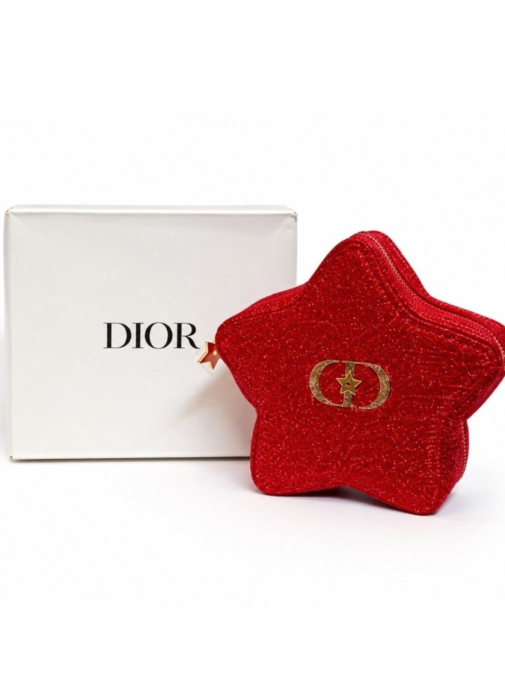 Dior Red Star Glitter Cosmetic Pouch Holiday Makeup Bag w/ Original Box New